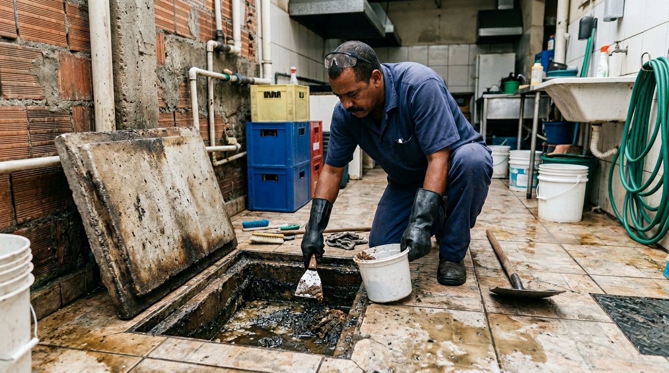 Limpeza de caixa de gordura residencial em Governador Valadares‑MG